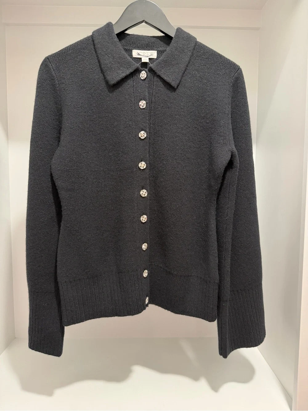 NEW J. Crew Black Milano-stitch cinched-waist cardigan embellished buttons CO602